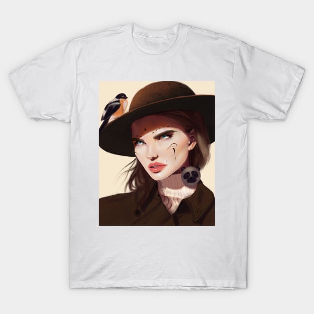 Woman with a bird on her hat T-Shirt by Fatchilart